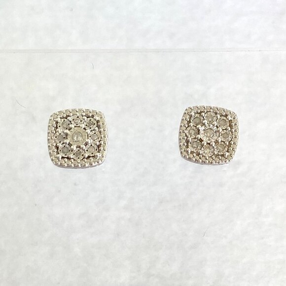 Sterling Silver 925 0.35" Square Diamond Floral Textured Cluster Stud Earrings - Picture 5 of 16